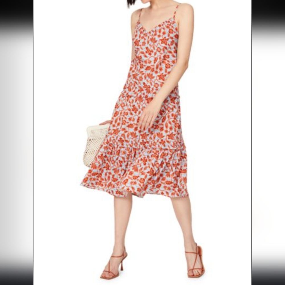 Derek Lam Light Blue Red Floral Tiered Midi Sundress Size 48 (US 12) New